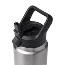 Angled view of YETI Rambler straw cap attached to stainless steel bottle, showing flip-up straw spout and carry handle.