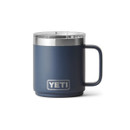 Navy YETI Rambler 10 oz insulated mug with handle, stainless steel rim, and clear MagSlider lid.