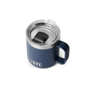 Top-down view of the YETI MagSlider lid on a navy Rambler 10 oz mug, showing sliding closure.