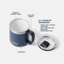Navy YETI Rambler 10 oz mug shown with callouts highlighting DuraSip ceramic lining, easy-grip handle, stackable design, and double-wall vacuum insulation.