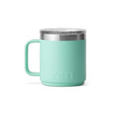 Top angled view of seafoam YETI Rambler 10 oz mug showing clear splash-resistant lid.