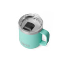 YETI Rambler 10 oz mug in seafoam with handle and clear lid, front view.