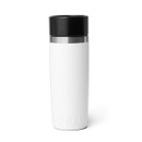 Front view of a white YETI Rambler 16 oz travel bottle with black lid, upright on a white background