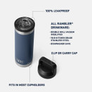 Product feature graphic showing a blue YETI Rambler bottle and chug cap with callouts: ‘100% leakproof,’ ‘double-wall vacuum insulated,’ ‘18/8 kitchen grade stainless steel,’ ‘dishwasher safe,’ ‘clip or carry cap,’ and ‘fits in most cupholders.’