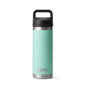Angled view of a seafoam green YETI Rambler 18 oz bottle with black chug cap, shown on a white background.