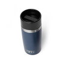 Angled top view of a navy YETI Rambler 12 oz travel bottle with black cup-style lid, shown on a white background.