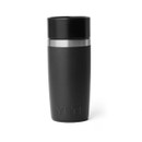Rear view of a black YETI Rambler 12 oz travel bottle with black cup-style lid, upright on a white background.