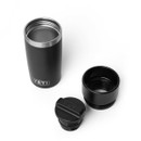Angled view of a black YETI Rambler 12 oz travel bottle with the lid and inner stopper removed and placed beside it on a white background.