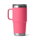 Rear view of a pink YETI Rambler 20 oz travel mug with handle and clear lid, upright on a white background.