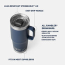 Product feature graphic of a YETI travel mug with handle, highlighting a leak-resistant Stronghold lid, easy-grip handle, double-wall vacuum insulation, 18/8 stainless steel, and dishwasher safe design.