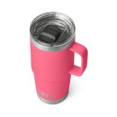 Angled top view of a pink YETI Rambler 20 oz travel mug with handle and clear lid, shown on a white background.