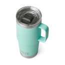 Angled top view of a seafoam green YETI Rambler 20 oz travel mug with handle and clear lid, shown on a white background.