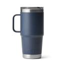 Rear view of a navy YETI Rambler 20 oz travel mug with handle and clear lid, upright on a white background.