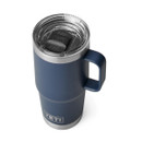 Angled top view of a navy YETI Rambler 20 oz travel mug with handle and clear lid, shown on a white background.