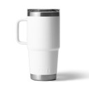 Rear view of a white YETI Rambler 20 oz travel mug with handle and clear lid, upright on a white background.