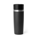 Backview of a black YETI Rambler 16 oz travel bottle with subtle embossed YETI logo on a white background.
