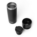 Black YETI Rambler 16 oz travel bottle shown disassembled with the cap and inner stopper placed beside it on a white background