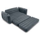 Grey inflatable pull-out sofa bed fully extended into a flat double air mattress.