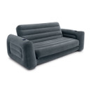 Grey inflatable sofa bed with armrests and built-in cup holders on a white background.