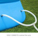 Close-up of Intex Easy Set pool hose connection showing compatibility with optional filter pump