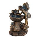 Full view of a bronze-effect fairy garden water feature with a flower spout pouring into a birdbath bowl, on a plain white background.