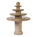Full view of a beige stone-effect four-tier garden fountain with a rounded finial and cascading water, on a plain white background.