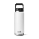 White YETI Rambler 26 oz straw bottle standing upright with a black flip-up straw lid on a white background.