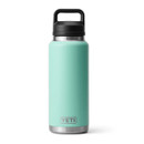 Seafoam green YETI Rambler 36 oz insulated bottle with black chug cap, front view