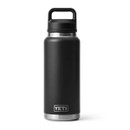 Black YETI Rambler 36 oz insulated bottle with black chug cap, front view.