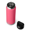 Angled top view of a pink YETI Rambler 36 oz bottle with chug cap removed beside it.