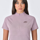 Close-up of mauve WeatherBeeta short sleeve riding top showing the half zip neckline and printed logo on the chest.