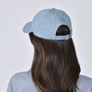 Rear view of light blue WeatherBeeta baseball cap with adjustable strap