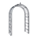 Black steel garden arch with decorative scrollwork and a rounded top, shown on a white background.