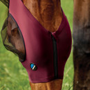 Close-up of burgundy horse fly mask showing zip fastening and mesh eye panel detail