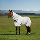 Horse standing in a grassy field wearing a white turnout rug with neck cover, secured with front buckles, under a clear blue sky.