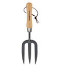 Three-pronged garden fork with a polished wooden handle and leather strap. The metal prongs are dark gray, conveying a sturdy, functional appearance.