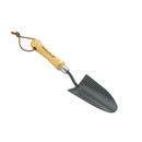 A garden trowel with a light wood handle and gray metal blade. The handle features a brown leather strap, emphasizing a rustic and practical design.