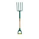 A gardening fork with a green metal head and four tines, a wooden handle, and a green, D-shaped grip. The tool is designed for outdoor garden work.
