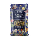RHS “Supreme Blend” gourmet wild bird food in a dark blue 2kg bag with illustrated flowers and birds, showing a small clear window of mixed seeds on the front.