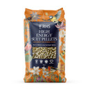 RHS “High Energy Suet Pellets” gourmet wild bird food in an orange 1kg bag with illustrated flowers and birds, featuring a clear window showing the pellets and the text “Rich in British-sourced beef tallow.”