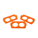 Three orange Blackstone silicone two-section egg ring moulds on a white background