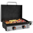 Blackstone 2-burner tabletop gas griddle with hood open, cooking bacon, scrambled eggs, hash browns and pancakes topped with strawberries and orange slices on a flat top plate.