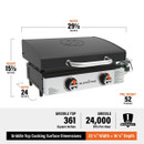 Blackstone 22-inch tabletop gas griddle with hood closed showing product dimensions, 361 square inches cooking surface, 24,000 BTU output and 1-year warranty.