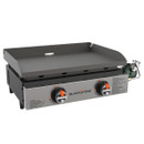 Blackstone 22-inch tabletop gas griddle with hood and dual control knobs, shown with raised side wind guards and rear grease port, propane regulator attached.