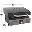 Blackstone 17¼ inch tabletop gas griddle with hood, showing product dimensions, 1 heat zone and 267 square inch cooking surface.