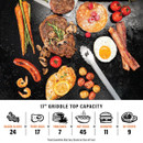 Blackstone griddle cooking capacity chart showing food portions for bacon, eggs, pancakes, hot dogs and burgers