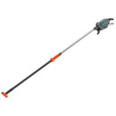 A telescopic garden pruner with an adjustable pole, featuring a black and silver body with orange accents. The tool is designed for trimming high branches.