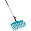 A teal garden rake with a wide, flat plastic head featuring long, evenly spaced tines. It has a metal handle, creating a sturdy and practical tool.