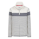 Cream and navy striped zip-through sweatshirt with high collar, long sleeves and half-zip neckline.