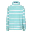 Back view of peppermint green and white striped half-zip sweatshirt with “Lazy Jacks Co.” text on the collar.